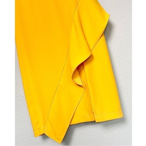HARLYN Asymmetrical Ruffle Sleeveless V-Neck Yellow‎ Crepe Sheath Midi Dress L - Picture 8 of 8